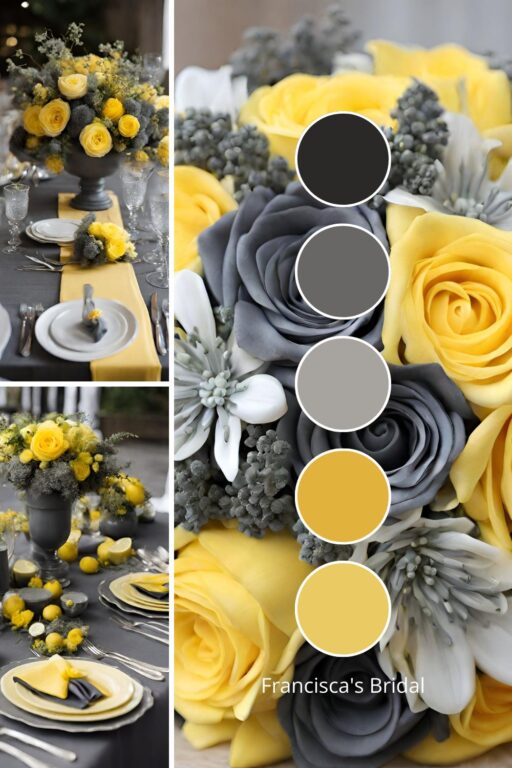 A photo collage with yellow and charcoal gray wedding color ideas.