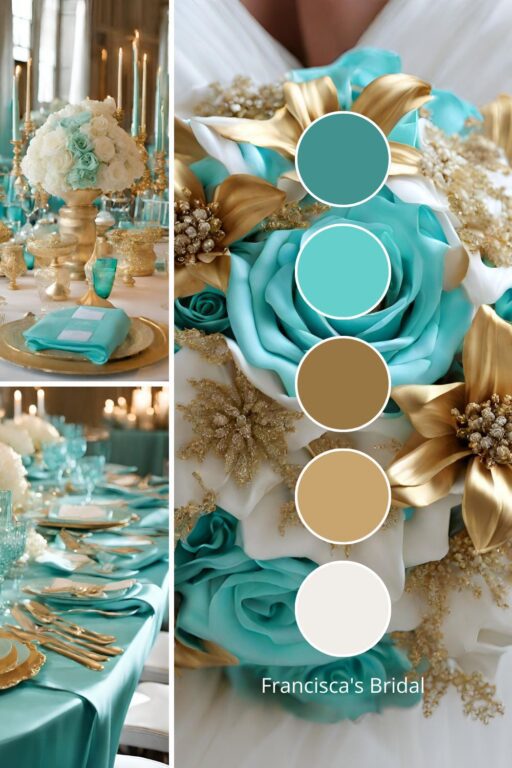 A photo collage with tiffany blue and gold wedding color ideas.