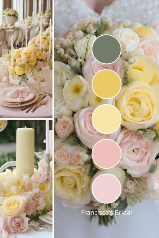 A photo collage with pale yellow and pink wedding color ideas.