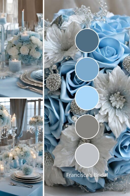 A photo collage with ice blue and silver wedding color ideas.