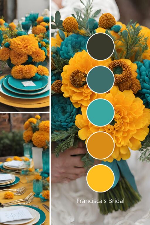 A photo collage with marigold yellow and teal wedding color ideas.