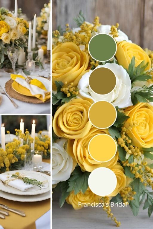 A photo collage with goldenrod yellow and ivory wedding color ideas.