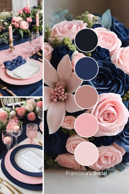 A photo collage with navy blue and pink wedding color ideas.