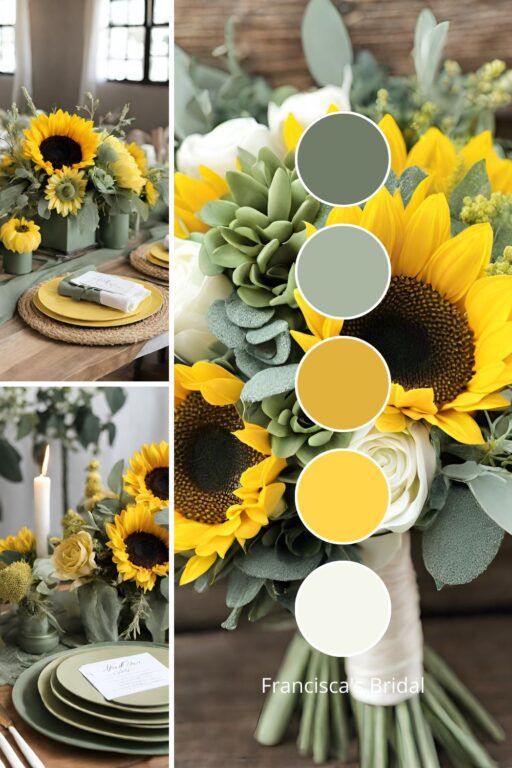 A photo collage with sunflower yellow and sage green wedding color ideas.