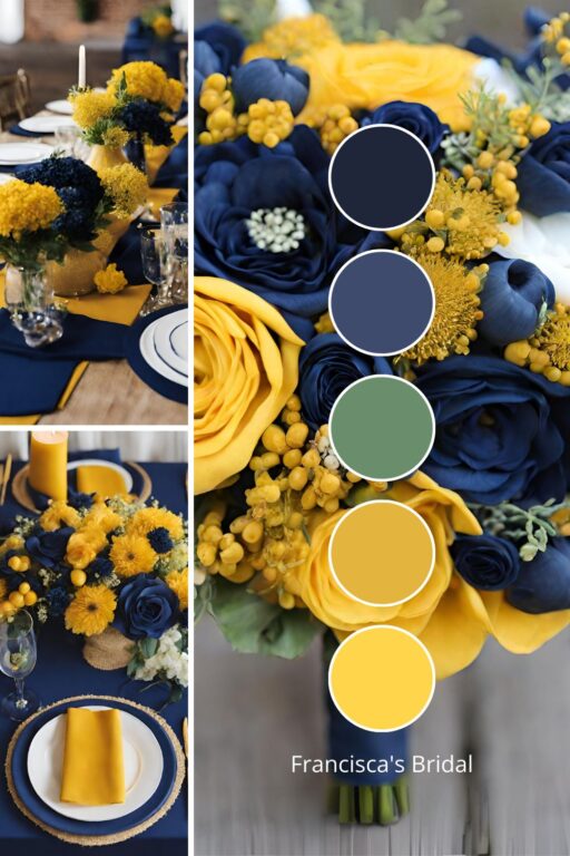 A photo collage with mustard yellow and royal blue wedding color ideas.