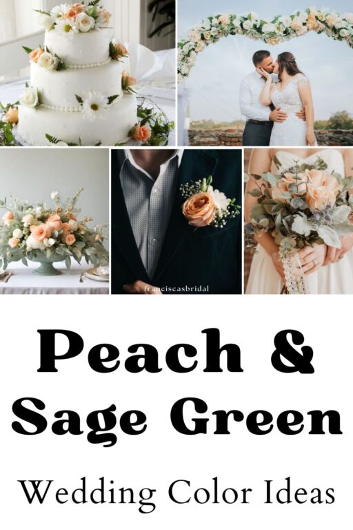A spring wedding with text that says peach and sage green wedding color ideas.
