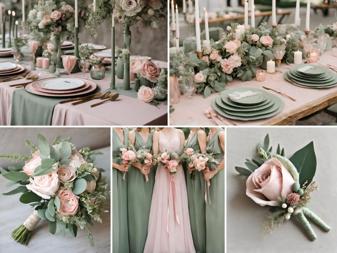 A photo collage with sage green and pink wedding color ideas.