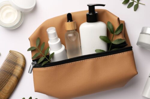 A brown bag filled with skincare.