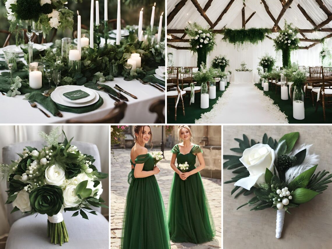 A forest green and white wedding color ideas photo collage.