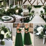 A forest green and white wedding color ideas photo collage.