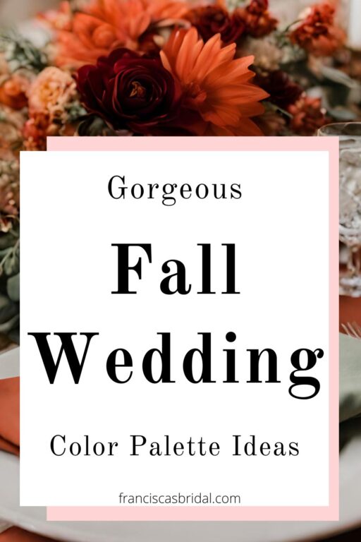 A orange and burgundy wedding bouquet with text fall wedding color palette ideas.