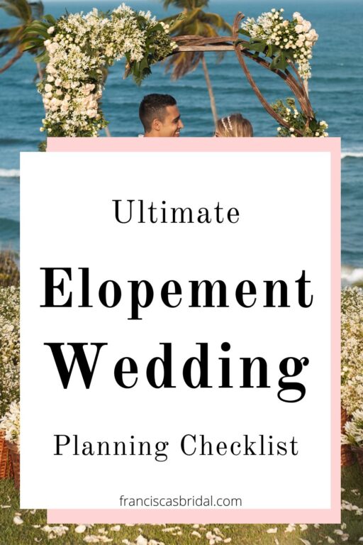 A bride and groom eloping on a beach with text elopement wedding planning checklist.