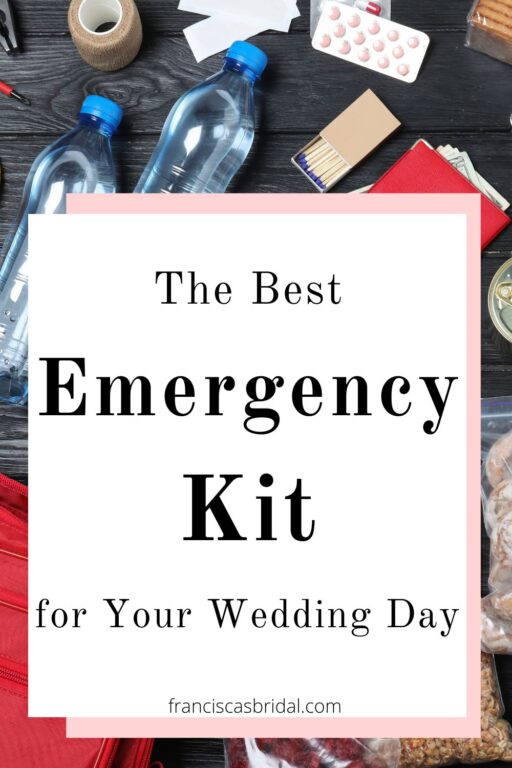 A table filled with wedding day essentials with text that says wedding day emergency kit.