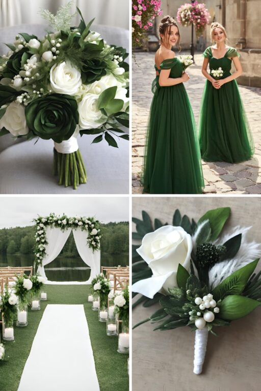 A forest green and white wedding color ideas photo collage.