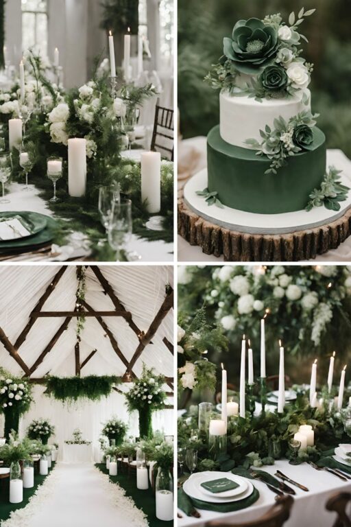 A forest green and white wedding color ideas photo collage.