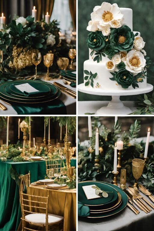 A forest green and gold wedding color ideas photo collage.