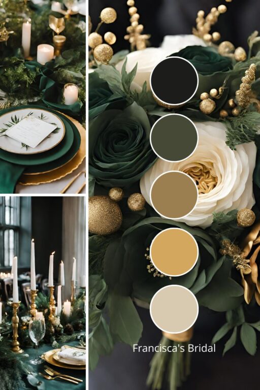 A photo collage with dark green and gold wedding color ideas.