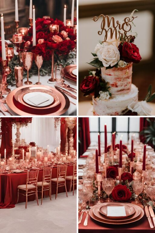 A red and rose gold wedding color ideas photo collage.