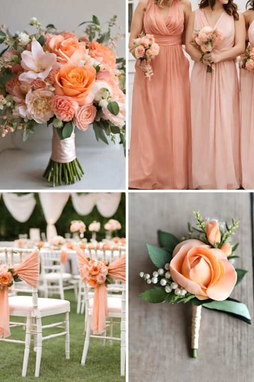 A photo collage with peach and pink wedding color ideas.