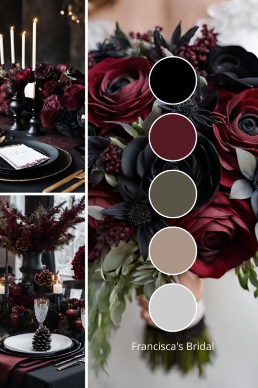 A photo collage with black and burgundy wedding color ideas.