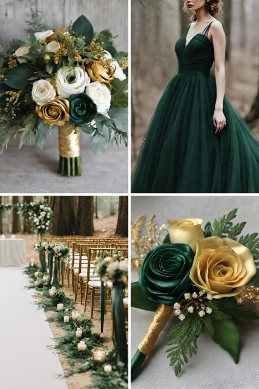 A forest green and gold wedding color ideas photo collage.