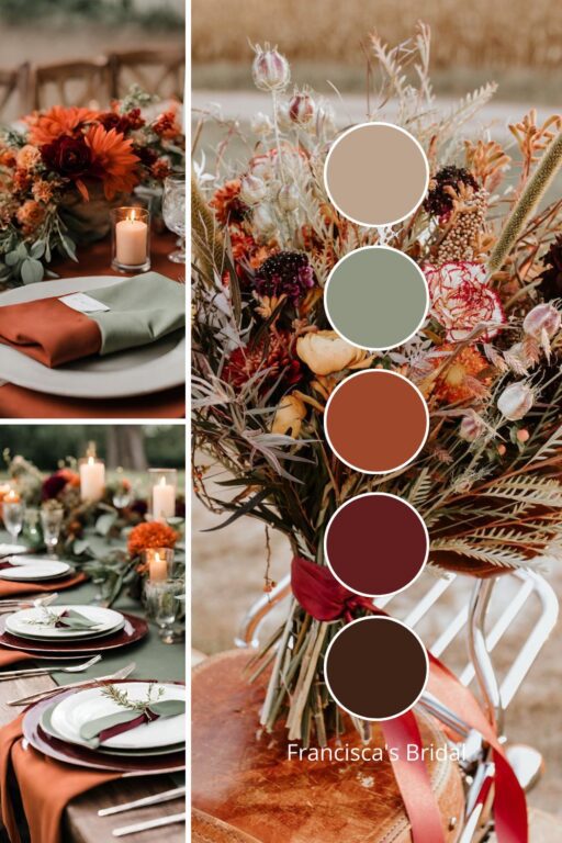 A photo collage with burnt orange, burgundy, and sage green wedding color ideas.