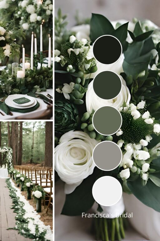 A photo collage with dark green and white wedding color ideas.