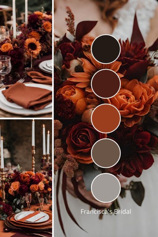A photo collage with burnt orange and burgundy wedding color ideas.