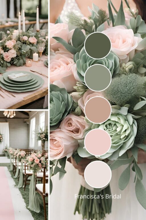 A photo collage with sage green and dusty pink wedding color ideas.