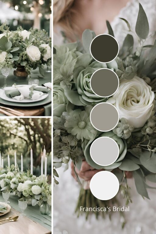 A photo collage with sage green and white wedding color ideas.