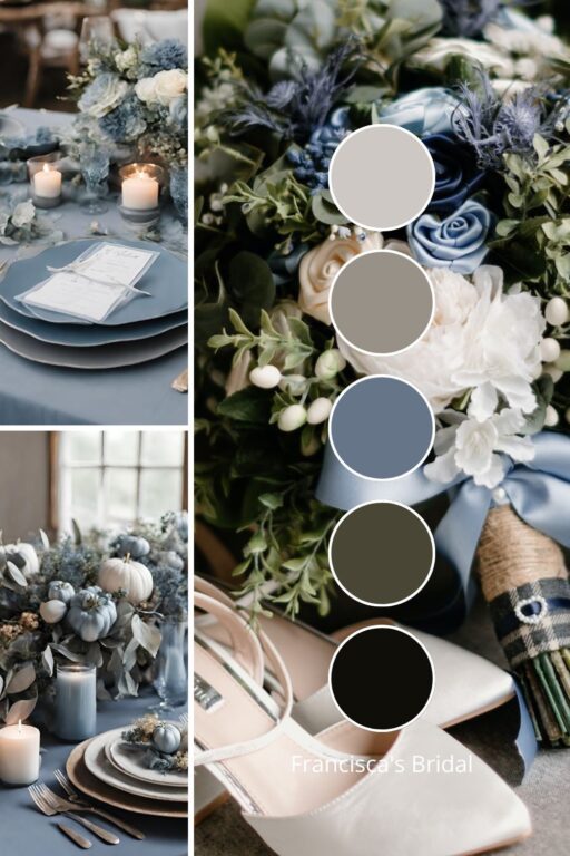 A photo collage with dusty blue and gray wedding color ideas.