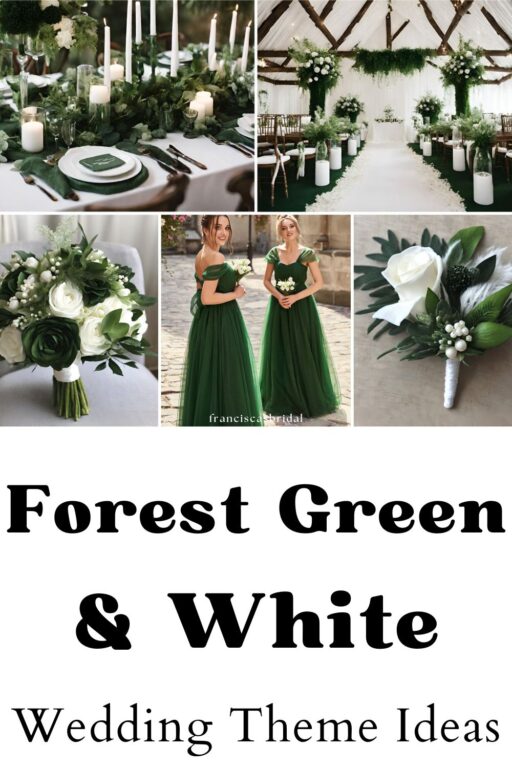 A forest green and white wedding color ideas photo collage.