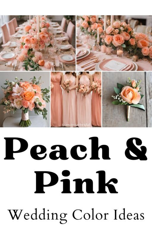 A photo collage with peach and pink wedding color ideas.