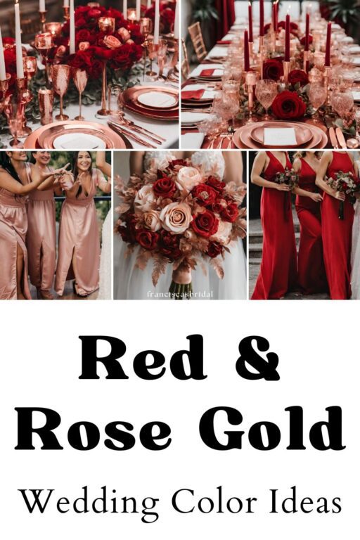 A red and rose gold wedding color ideas photo collage.