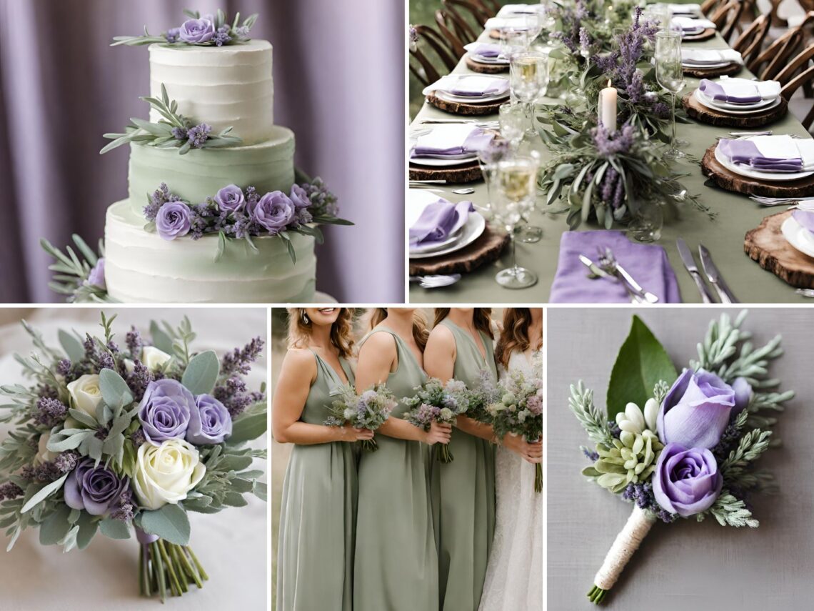 A photo collage with lavender and sage green wedding color ideas.