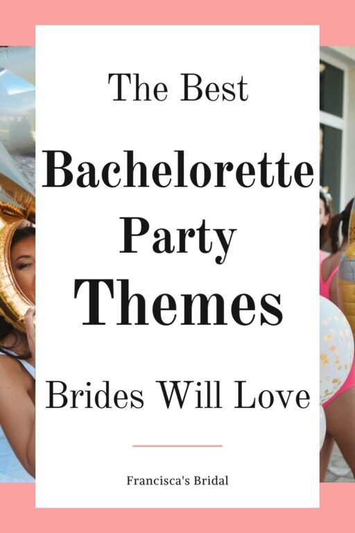A bachelorette party out by the pool with text bachelorette party themes.