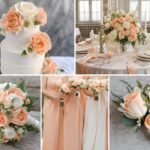A photo collage with peach and ivory wedding color ideas.
