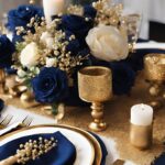 A blue and gold wedding bouquet.