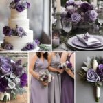 A photo collage with purple and gray wedding color ideas.