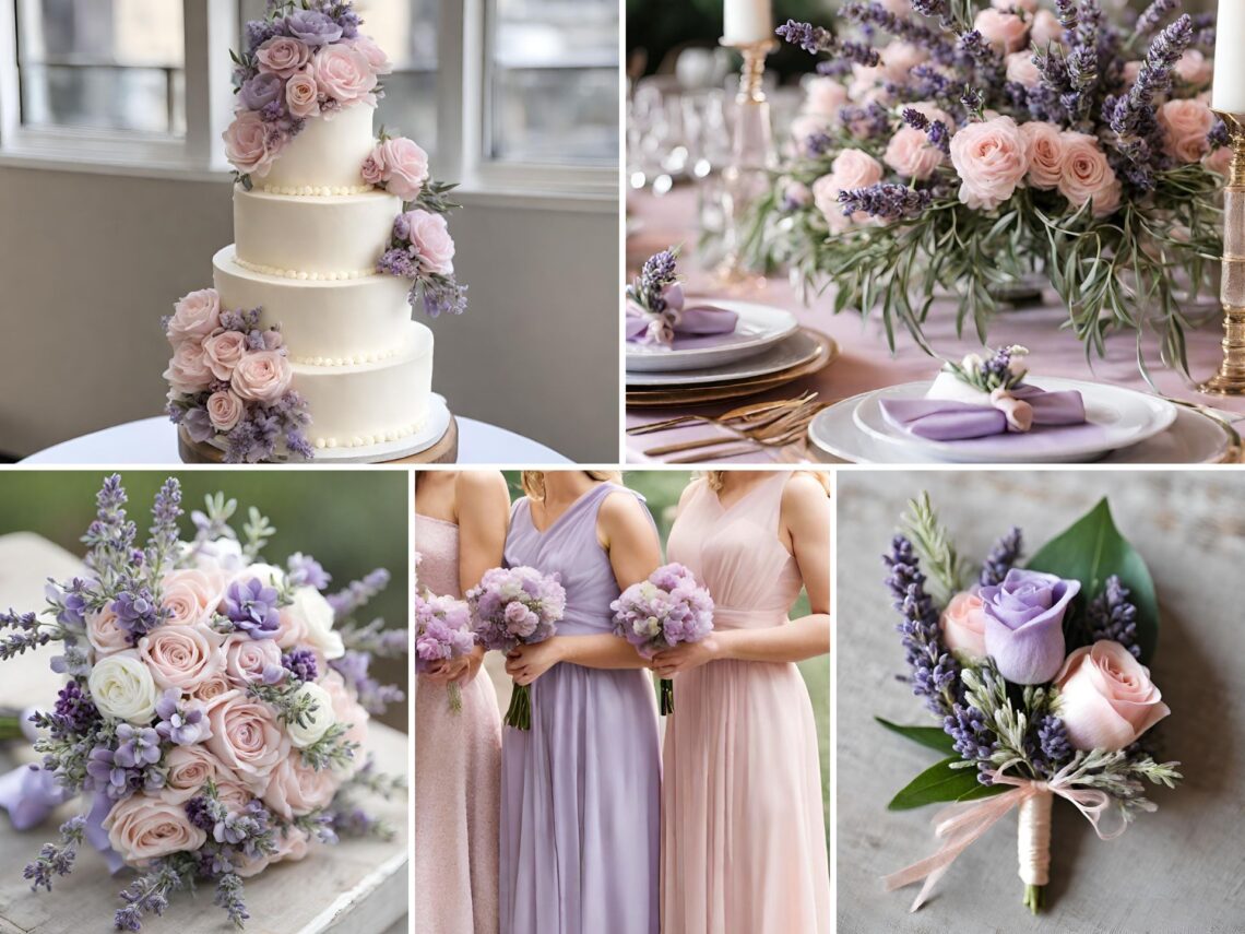 A photo collage with lavender and light pink wedding color ideas.