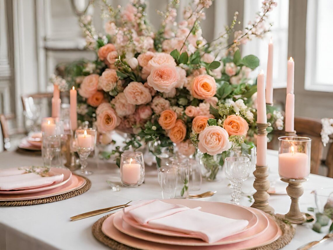 A peach and pink wedding table