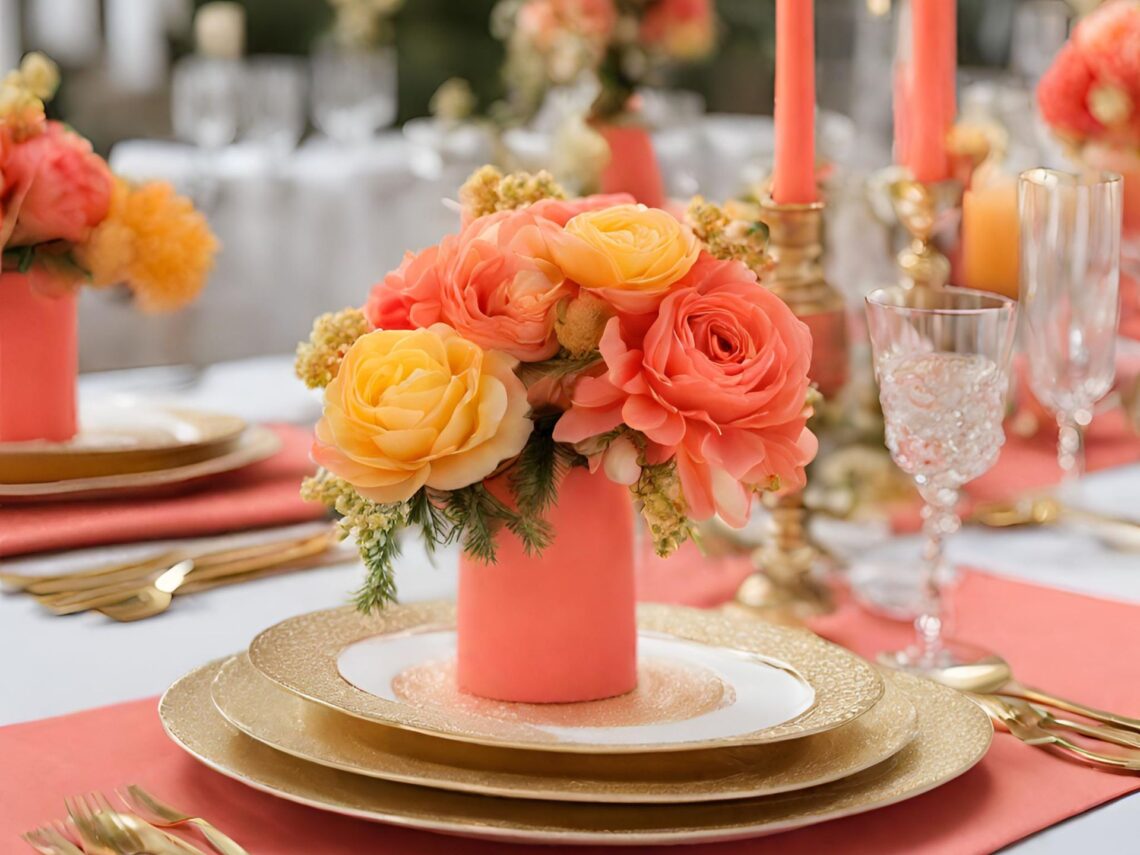 A coral and yellow wedding table