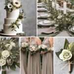 A photo collage with olive green and taupe wedding color ideas.