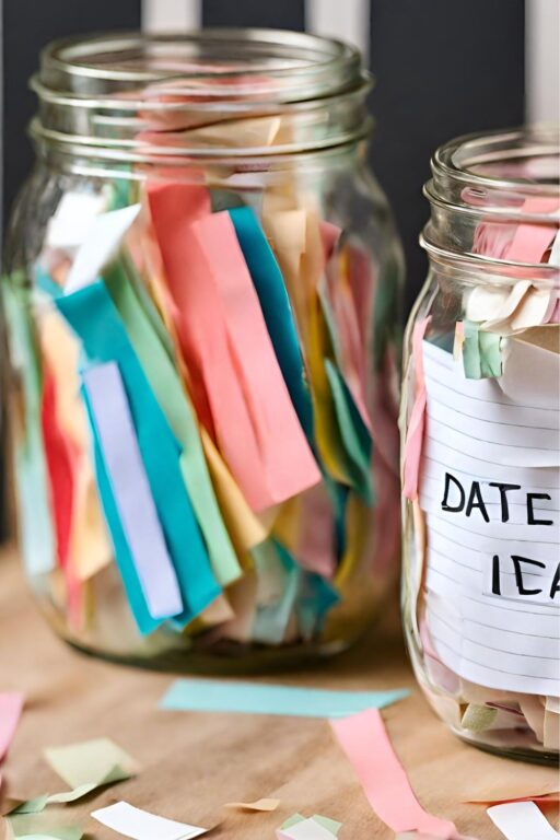 A date jar filled with paper slips that have date ideas on them.