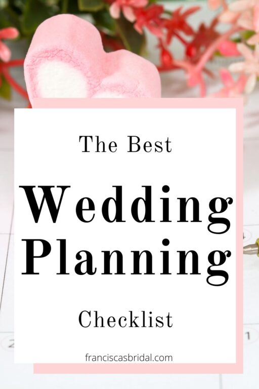 A calendar with red and pink flowers on tops and text wedding planning checklist.