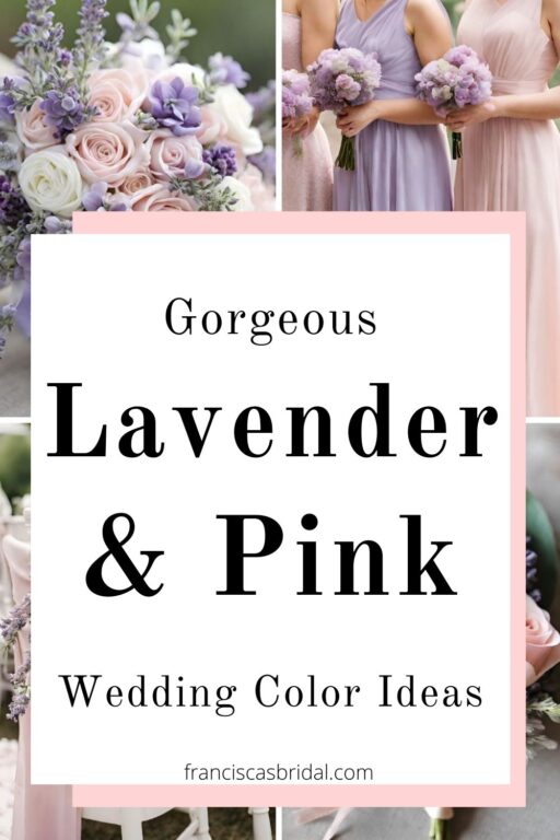 A photo collage with lavender and light pink wedding color ideas.
