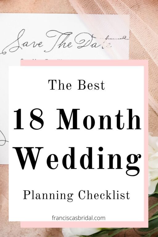 A save the date card with text the best 18 month wedding planning checklist.