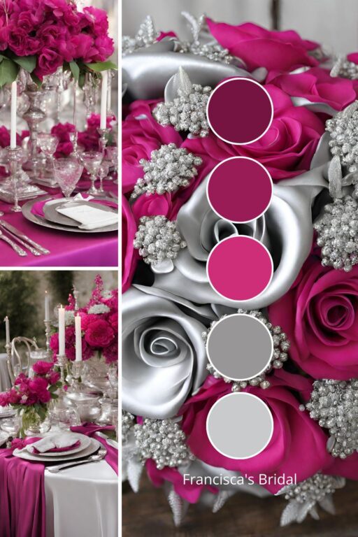 A photo collage with silver and fuchsia pink wedding color ideas.