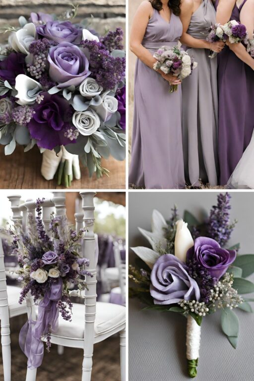 A photo collage with purple and gray wedding color ideas.