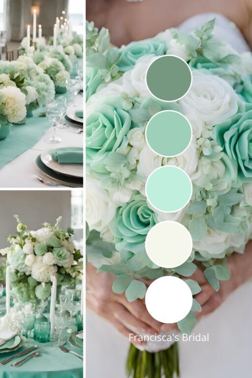 A photo collage with seafoam green and white wedding color ideas.